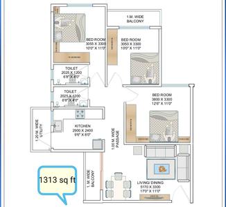 Floor Plan Image of 1365 Sq.ft 3 BHK Apartment / Flat for sale in Zingabai Takli Nagpur for Rs. 4750000