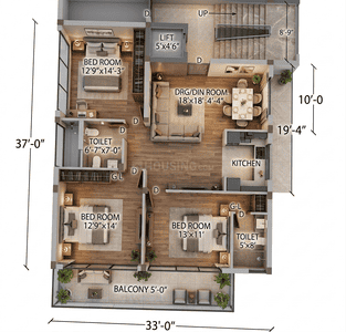 Floor Plan Image of 1500 Sq.ft 3 BHK Builder Floor for sale in Brahmanwala Dehradun for Rs. 9500000