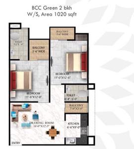 Floor Plan Image of 1020 Sq.ft 2 BHK Apartment / Flat for sale in Naubasta Kala Lucknow for Rs. 4400000