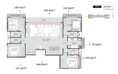 Floor Plan Image of 1800 Sq.ft 4 BHK Apartment / Flat for sale in Modirealty Rudraksh, Malad West Mumbai for Rs. 63711885
