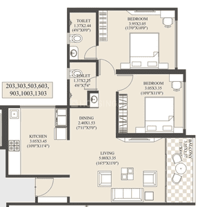 Floor Plan Image of 1105 Sq.ft 2 BHK Apartment / Flat for sale in Unique Youtopia Phase III, Kharadi Pune for Rs. 9600000