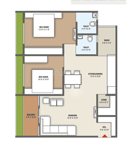 Floor Plan Image of 1242 Sq.ft 2 BHK Apartment / Flat for sale in Maruti Diamond Sky, Adalaj Gandhinagar for Rs. 6750000
