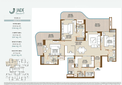 Floor Plan Image of 2046 Sq.ft 3 BHK Apartment / Flat for sale in County Jade County, Wave City Ghaziabad for Rs. 27588600