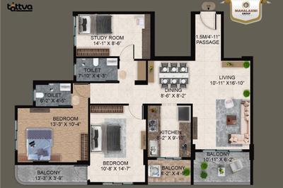 Floor Plan Image of 1633 Sq.ft 3 BHK Apartment / Flat for sale in Tattva Apas, Beltarodi Nagpur for Rs. 7348500