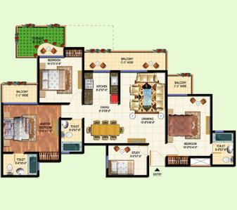 Floor Plan Image of 1600 Sq.ft 3.5 BHK Apartment / Flat for sale in Terrace Homes, Noida Extension Greater Noida for Rs. 12900000