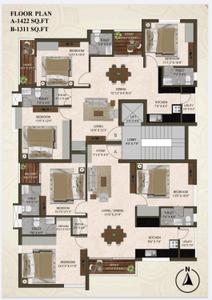 Floor Plan Image of 1311 Sq.ft 3 BHK Apartment / Flat for sale in Nanganallur Chennai for Rs. 16357800