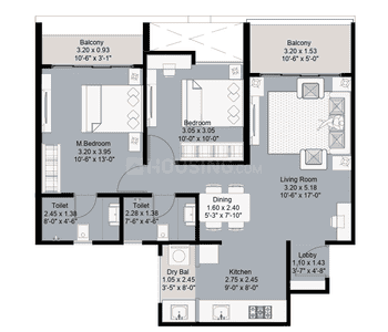 Floor Plan Image of 1223 Sq.ft 2 BHK Apartment / Flat for sale in Kohinoor West View Reserve II, Tathawade Pune for Rs. 11000000