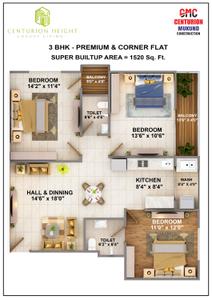 Floor Plan Image of 1520 Sq.ft 3 BHK Apartment / Flat for sale in Bagmugaliya Bhopal for Rs. 4700000