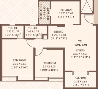 Floor Plan Image of 1135 Sq.ft 2 BHK Apartment / Flat for sale in ARV Richvue, Mundhwa Pune for Rs. 8290000