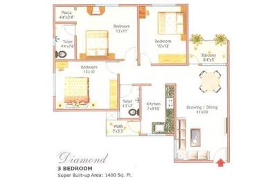 Floor Plan Image of 1400 Sq.ft 3 BHK Apartment / Flat for sale in Chinarr Dream CT, Indus Towne Bhopal for Rs. 3000000