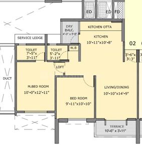Floor Plan Image of 877 Sq.ft 2 BHK Apartment / Flat for sale in Ganesh Paradise phase 3, Chikhali Pune for Rs. 5000000