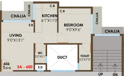 Floor Plan Image of 600 Sq.ft 1 BHK Apartment / Flat for sale in Airoli Navi Mumbai for Rs. 7500000