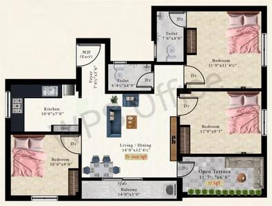 Floor Plan Image of 1029 Sq.ft 3 BHK Apartment / Flat for sale in Kundrathur Chennai for Rs. 5762400