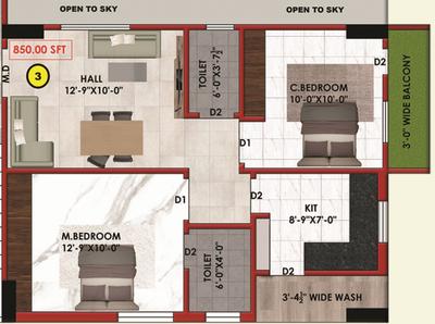 Image of 850 Sq.ft 2 BHK Apartment / Flat for sale in Kismatpur, Hyderabad for Rs. 5500000
