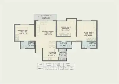 Floor Plan Image of 1090 Sq.ft 2 BHK Apartment / Flat for sale in Kohinoor Central Park Phase 1, Maan Pune for Rs. 9500000