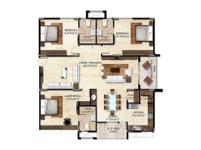 Floor Plan Image of 1650 Sq.ft 3 BHK Apartment / Flat for sale in Kondapur Hyderabad for Rs. 16500000