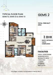 Floor Plan Image of 1451 Sq.ft 3 BHK Apartment / Flat for sale in Kovilambakkam Chennai for Rs. 10357100