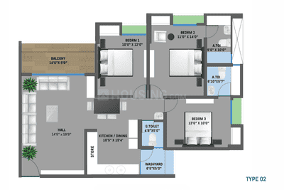 Floor Plan Image of 2205 Sq.ft 3 BHK Apartment / Flat for sale in Terra Sky, Zundal Ahmedabad for Rs. 8207500
