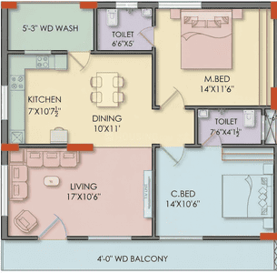 Floor Plan Image of 1259 Sq.ft 2 BHK Apartment / Flat for sale in Maruthi Nagar Anantapur for Rs. 4500000