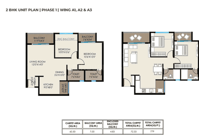 Image of 1368 Sq.ft 3 BHK Apartment / Flat for sale in Sahyadri Plumeria, Moshi, Pune for Rs. 8900000