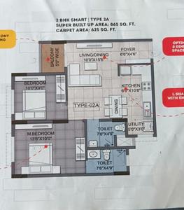 Floor Plan Image of 865 Sq.ft 2 BHK Apartment / Flat for sale in Sipani Royal Heritage, Iggalur Bengaluru for Rs. 7500000