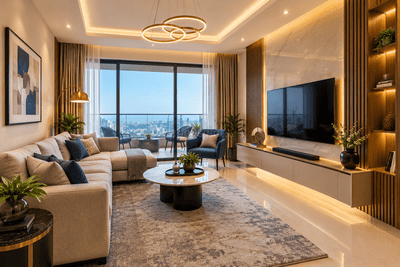 Living Room Image of 1477 Sq.ft 3 BHK Apartment / Flat for sale in Adani 9PBR Tower B1, Seawoods Navi Mumbai for Rs. 45000000