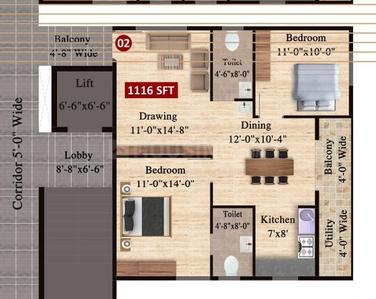 Image of 1116 Sq.ft 2 BHK Apartment / Flat for sale in GM Sri Sai Grand, NRI Layout, Bengaluru for Rs. 7400000