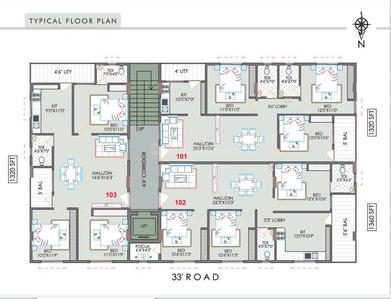 Floor Plan Image of 1360 Sq.ft 3 BHK Apartment / Flat for sale in GKR Towers 3, Gajuwaka Visakhapatnam for Rs. 5749000