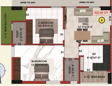Image of 850 Sq.ft 2 BHK Apartment / Flat for sale in Kismatpur, Hyderabad for Rs. 5500000
