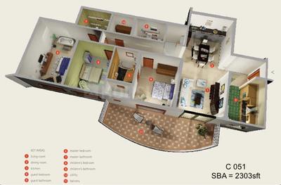 Floor Plan Image of 2303 Sq.ft 3 BHK Apartment / Flat for sale in DLF Riverside, Vyttila Kochi for Rs. 14500000