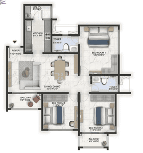 Floor Plan Image of 1400 Sq.ft 3 BHK Apartment / Flat for sale in Prestige Lavender Fields, Varthur Bengaluru for Rs. 22200000