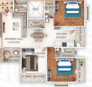 Floor Plan Image of 1566 Sq.ft 3 BHK Apartment / Flat for sale in Seminary Hills Nagpur for Rs. 8299800