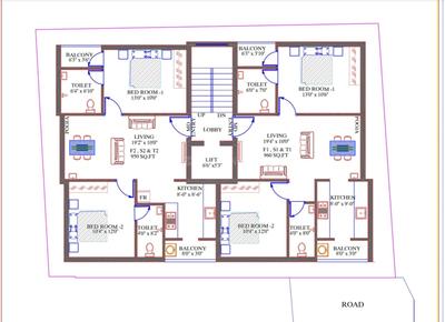 Floor Plan Image of 960 Sq.ft 2 BHK Apartment / Flat for sale in Ullagaram Chennai for Rs. 8640000