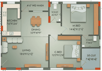 Floor Plan Image of 1259 Sq.ft 2 BHK Apartment / Flat for sale in Maruthi Nagar Anantapur for Rs. 4500000