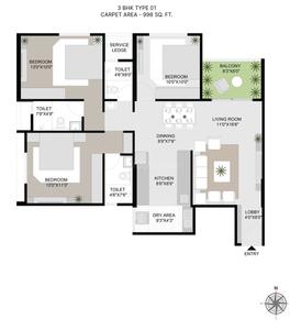 Image of 1098 Sq.ft 3 BHK Apartment / Flat for sale in Sus, Pune for Rs. 8500000