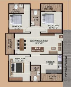 Image of 1503 Sq.ft 3 BHK Apartment / Flat for sale in GM Sri Sai Signature, Horamavu, Bengaluru for Rs. 10200000