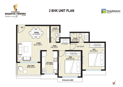 Floor Plan Image of 1170 Sq.ft 2 BHK Apartment / Flat for sale in Tharwani Majestic Towers Phase I, Kalyan West Kalyan for Rs. 9400000