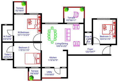 Floor Plan Image of 1080 Sq.ft 2 BHK Apartment / Flat for sale in Puravankara Silversands, Mundhwa Pune for Rs. 8500000