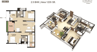 Image of 1235 Sq.ft 2 BHK Apartment / Flat for sale in Shriram Solitaire, Yelahanka New Town, Bengaluru for Rs. 12300000