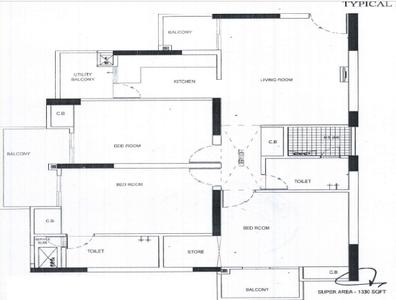 Floor Plan Image of 1330 Sq.ft 3 BHK Apartment / Flat for sale in Ajnara Homes, Noida Extension Greater Noida for Rs. 12000000
