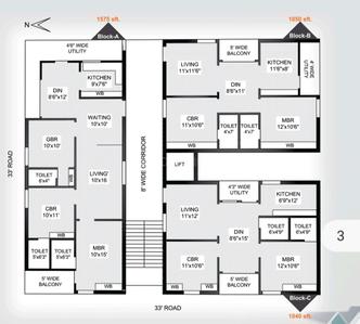 Floor Plan Image of 1575 Sq.ft 3 BHK Apartment / Flat for sale in Andhra Pradesh Housing Board Colony Srikakulam for Rs. 6650000