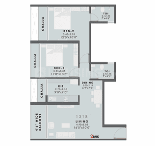 Floor Plan Image of 1318 Sq.ft 2 BHK Apartment / Flat for sale in Kharghar Navi Mumbai for Rs. 16000000