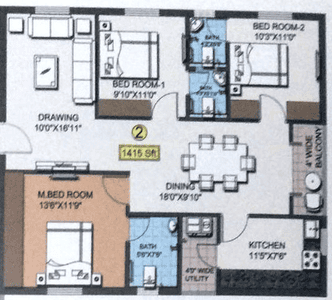 Image of 1415 Sq.ft 3 BHK Apartment / Flat for sale in Alwal, Secunderabad for Rs. 8500000
