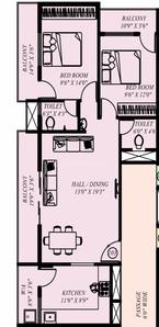 Floor Plan Image of 1160 Sq.ft 2 BHK Apartment / Flat for sale in Urwa Mangalore for Rs. 6380000