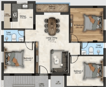 Image of 1314 Sq.ft 3 BHK Apartment / Flat for sale in Saligramam, Chennai for Rs. 17500000