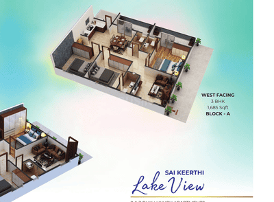 Image of 1420 Sq.ft 3 BHK Apartment / Flat for sale in Sai Keerthi Lake View, Chandanagar, Hyderabad for Rs. 11720000