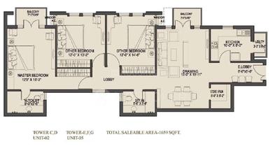 Floor Plan Image of 1659 Sq.ft 3 BHK Apartment / Flat for sale in Umang Monsson Breeze Phase II, Sector 78 Gurgaon for Rs. 16500000