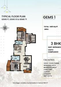 Floor Plan Image of 1451 Sq.ft 3 BHK Apartment / Flat for sale in Kovilambakkam Chennai for Rs. 10357100