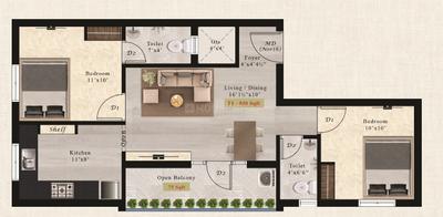 Floor Plan Image of 830 Sq.ft 2 BHK Apartment / Flat for sale in Madambakkam Chennai for Rs. 5395000