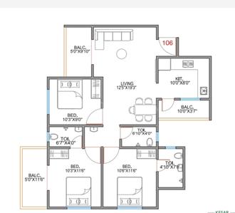 Floor Plan Image of 1309 Sq.ft 3 BHK Apartment / Flat for sale in Moshi Pune for Rs. 8000000